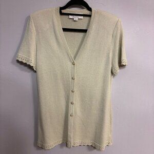 St. John Collection Creamy Light Green Button Short Sleeve Knit Top Sz 6 EUC